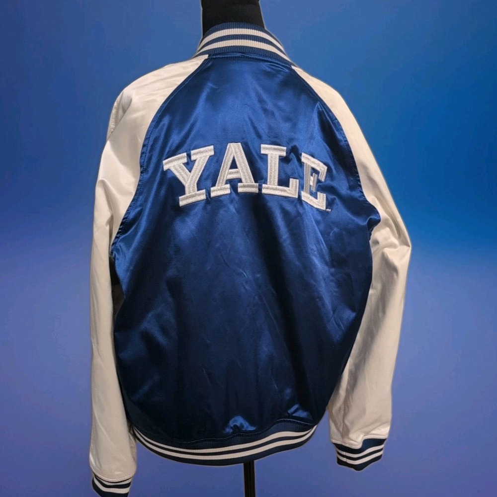 H&M YALE Varisty Bulldogs Jacket Mens Medium Blue White Embroidered Satin Bomber